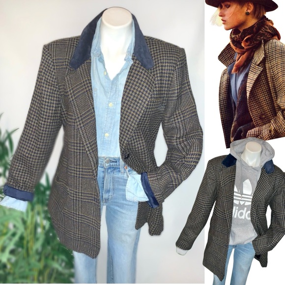 Vintage Jackets & Blazers - v i n t a g e :: Plaid Houndstooth Wool Leather Collar Blazer